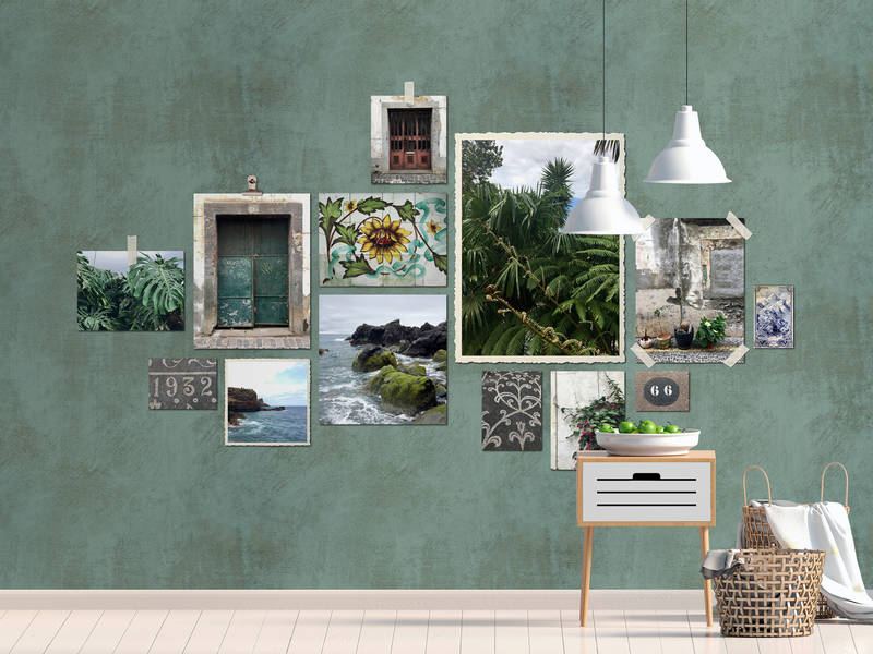             Atlantic Spirit 2 - Wipe clean texture tiles & pictures collage wallpaper - Beige, Green | Matt smooth fleece
        