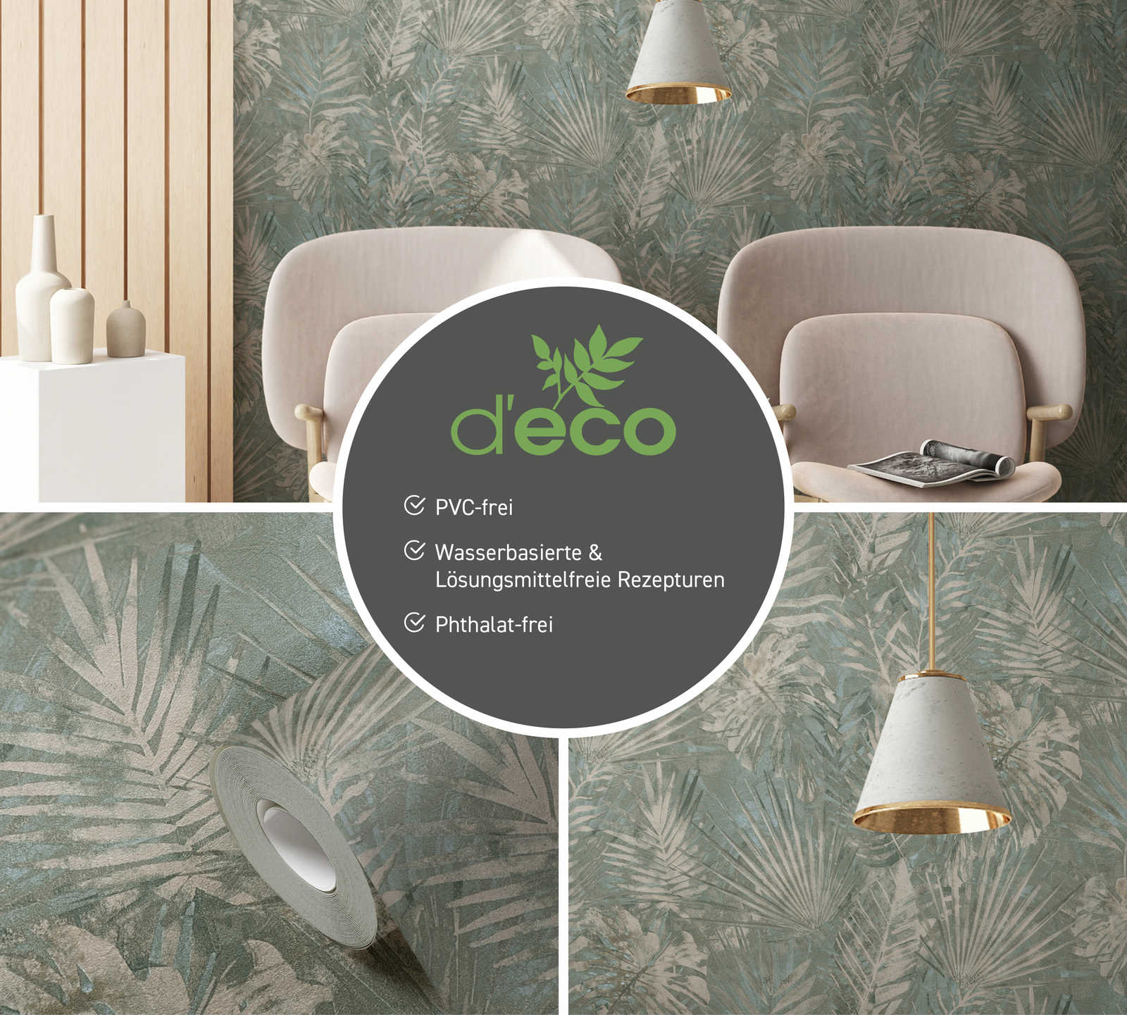             PVC-free wallpaper with jungle pattern in used look - green, blue, beige
        