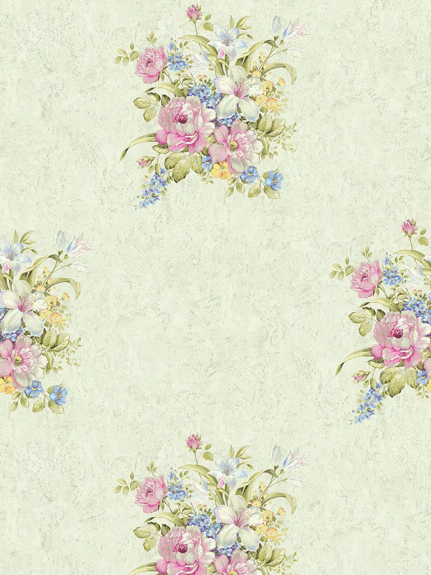 Flowers wallpaper with ornaments, textured - green, pink
