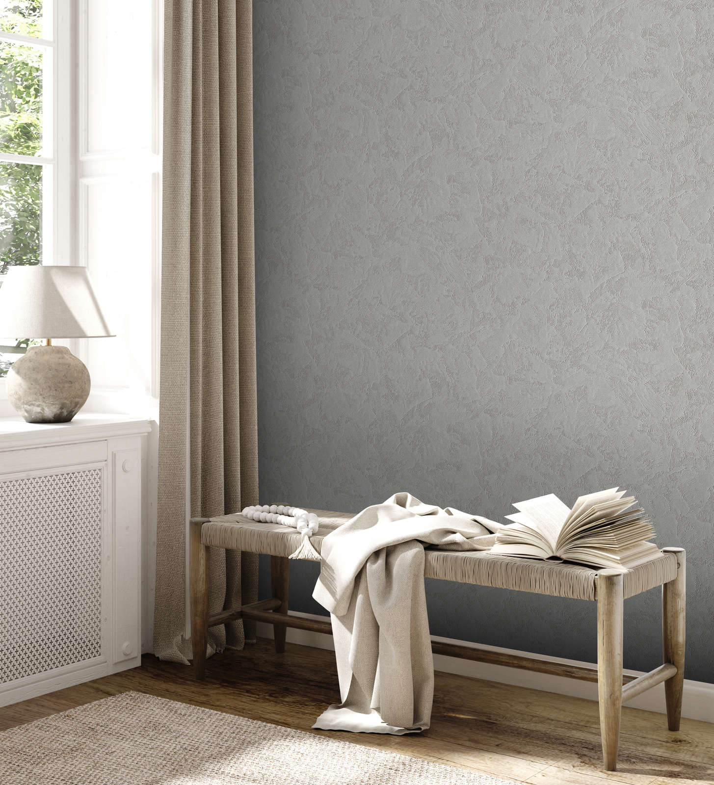             Plain textured wallpaper in plaster look with glitter effect - grey, silver
        