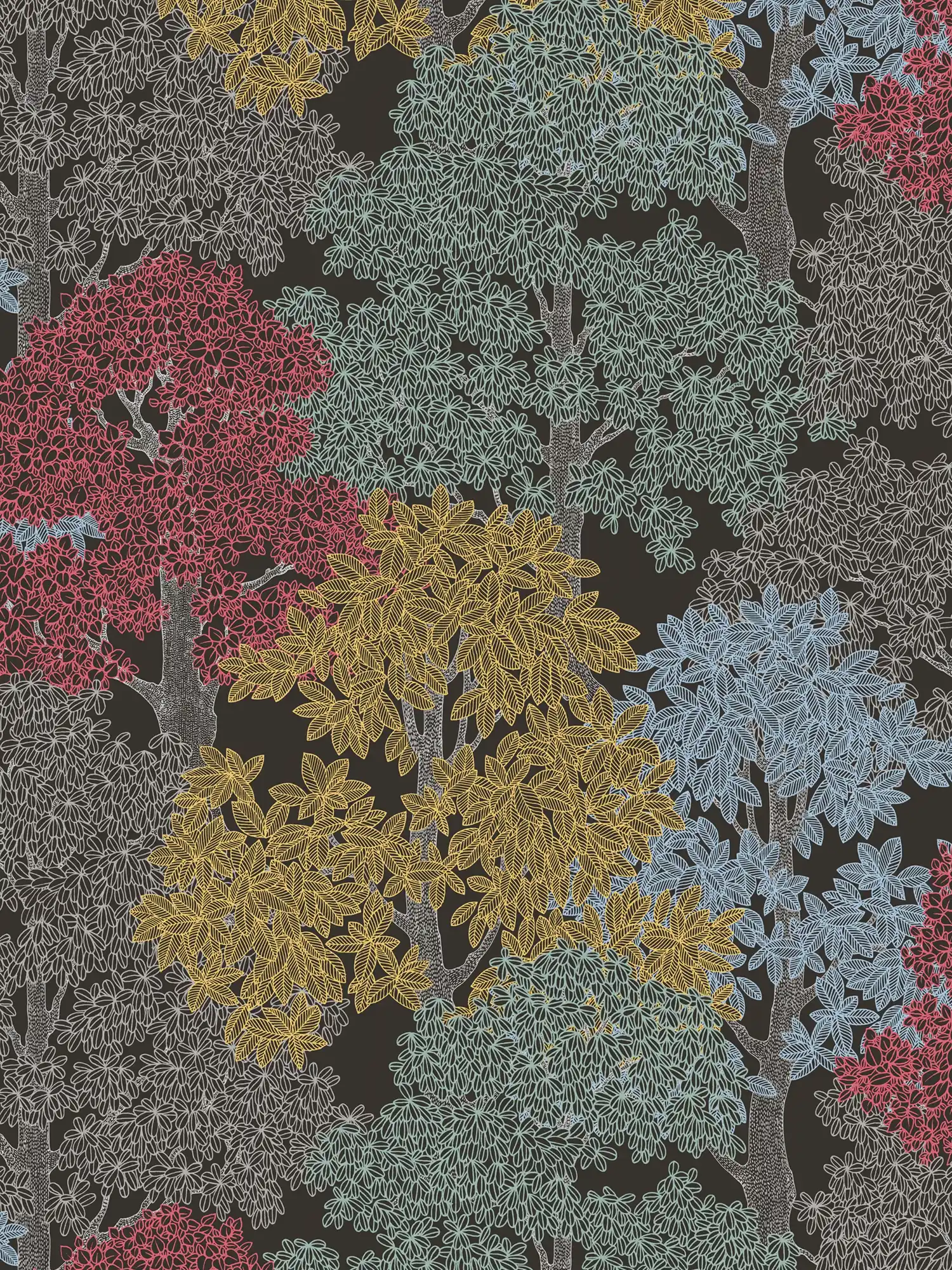             Papel pintado de diseño de bosque en estilo de dibujo con copas de árboles - marrón, negro, amarillo
        