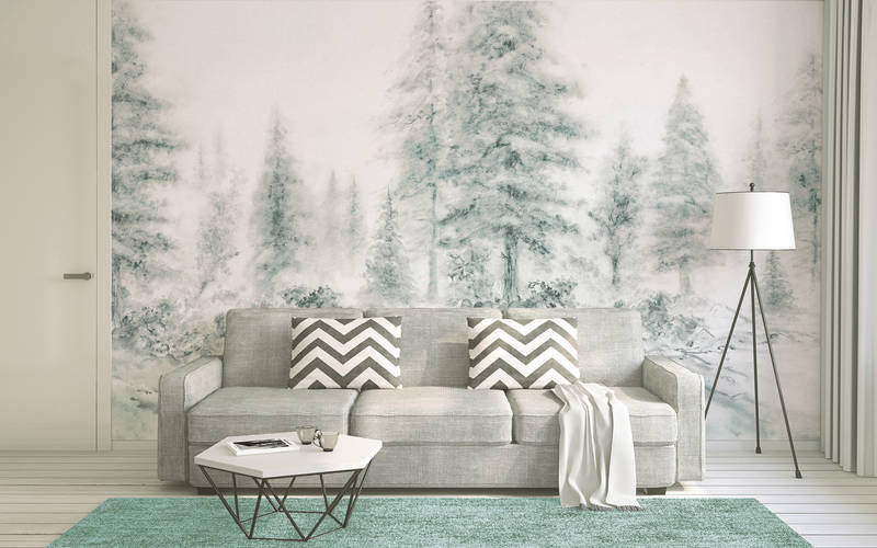             Papier peint panoramique Forêt style aquarelle, arbres et paysage - gris, blanc
        