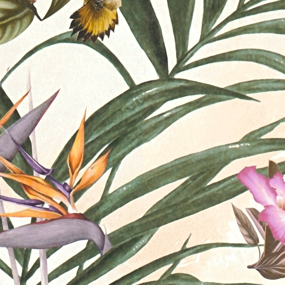             Carta da parati in stile artistico con fiori e uccelli - beige, verde, rosa
        