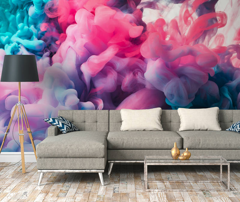             Colored smoke mural - pink, blue, white
        