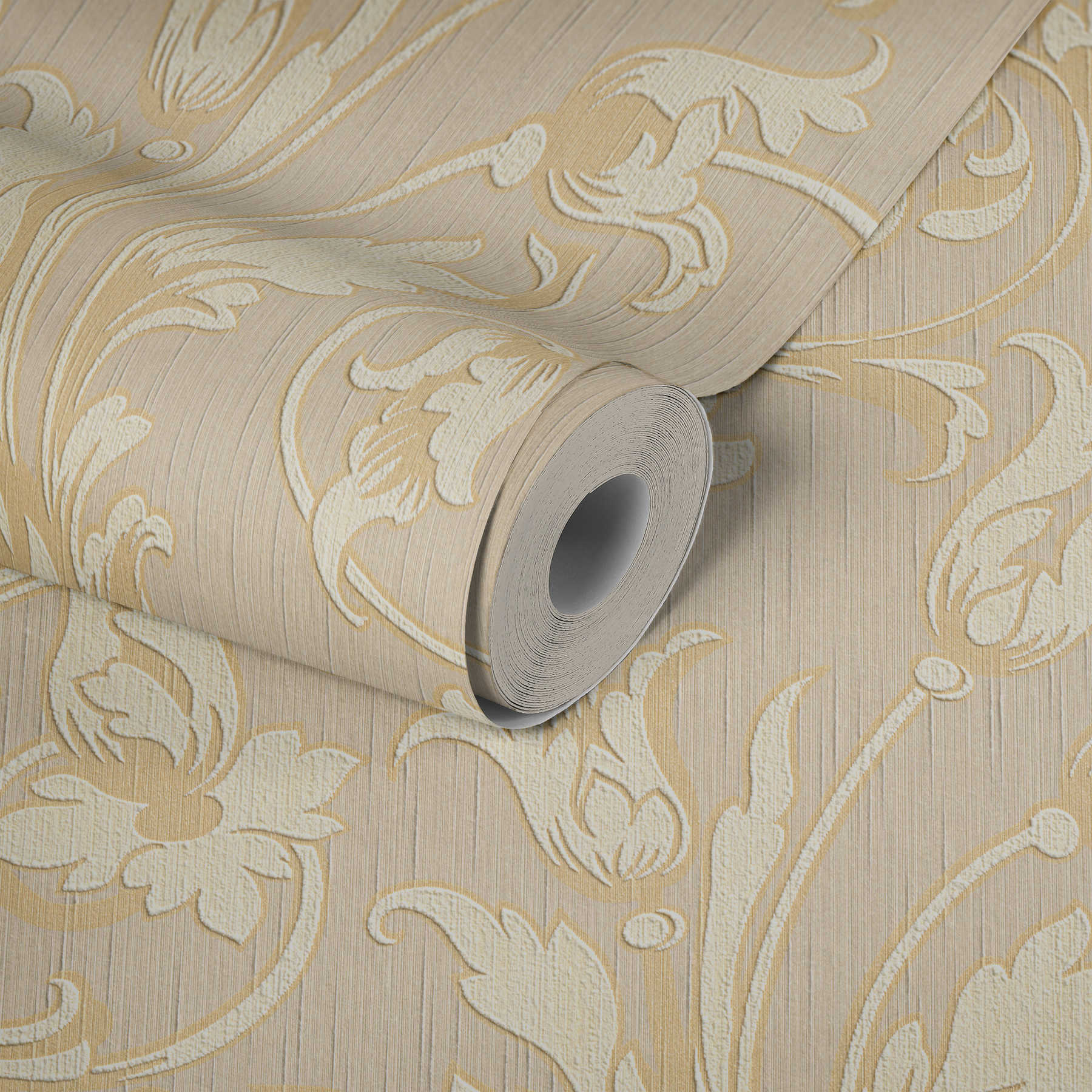             papier peint en papier ornemental aspect soie - crème, or, beige
        