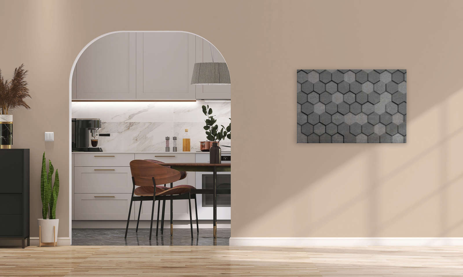             Canvas painting with geometric tiles hexagonal 3D look | grey, silver - 0.90 m x 0.60 m
        