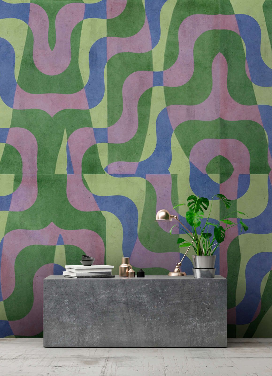             Photo wallpaper »viola« - Abstract retro pattern in front of concrete plaster look - Green, blue, purple | Smooth, slightly pearlescent non-woven fabric
        