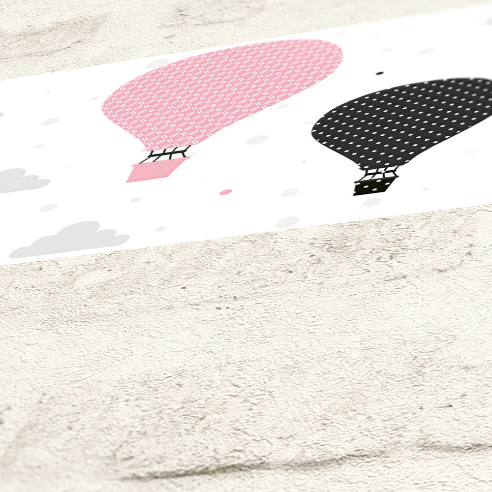             Papel pintado para niñas - cenefa "Un viaje en globo de ensueño" - rosa, marrón, negro
        