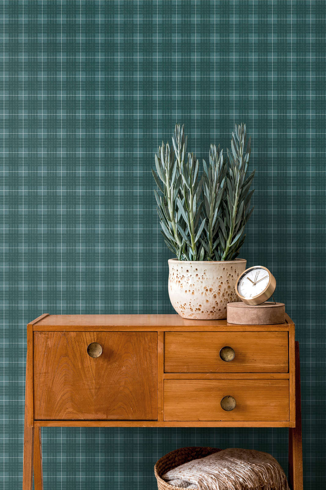             Checkered Textile Optics Non-woven Wallpaper with Flannel Pattern - Green, White
        
