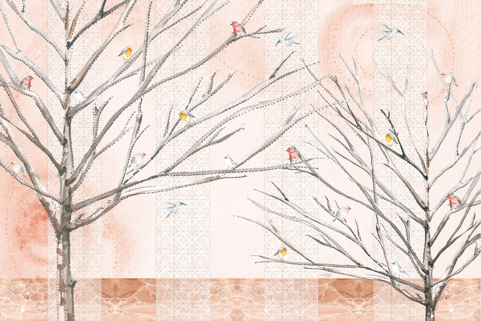             Papel pintado artístico Árboles con pájaros en beige y marrón sobre tejido no tejido liso mate
        