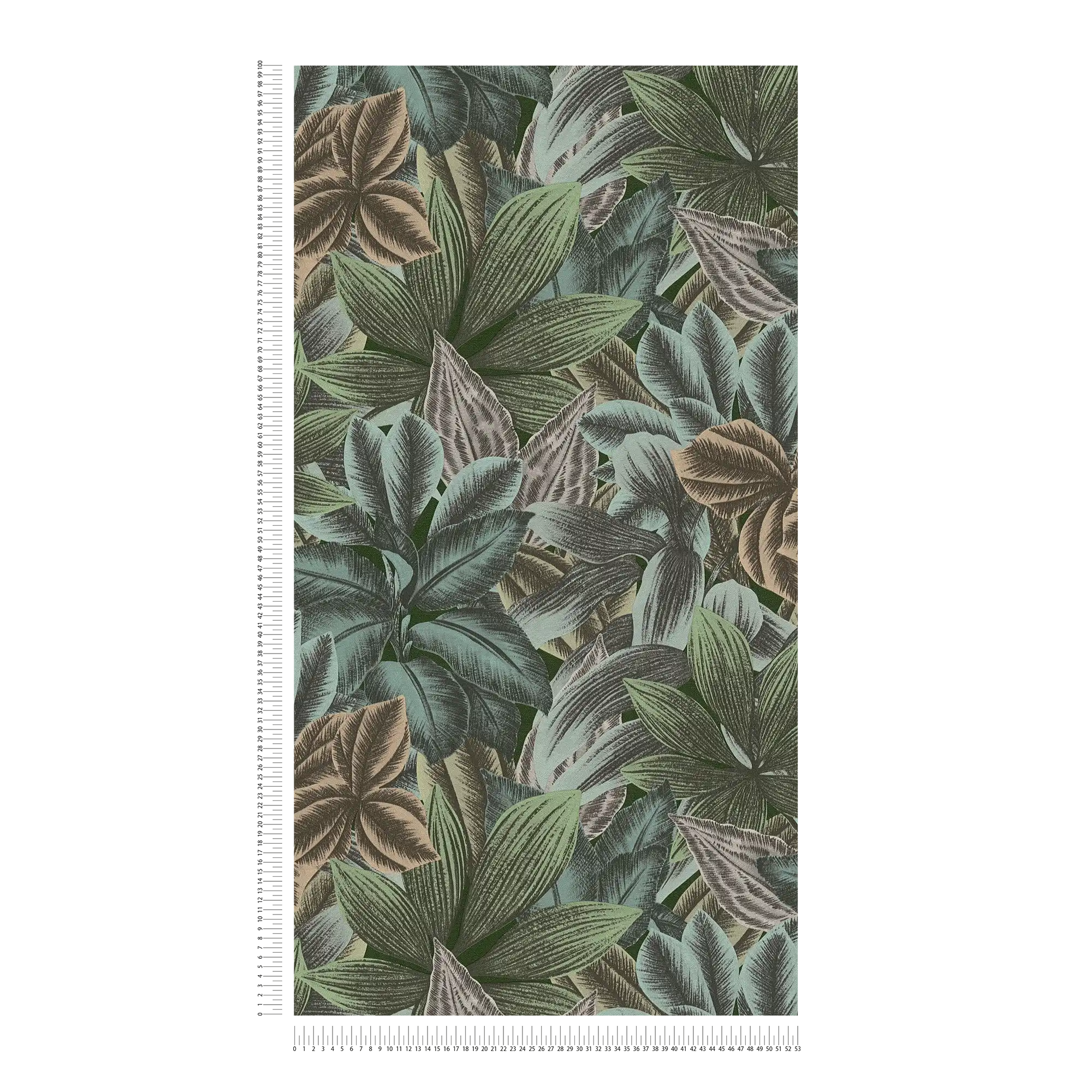             Bladpatroon behang met tropische look - groen, blauw, grijs
        