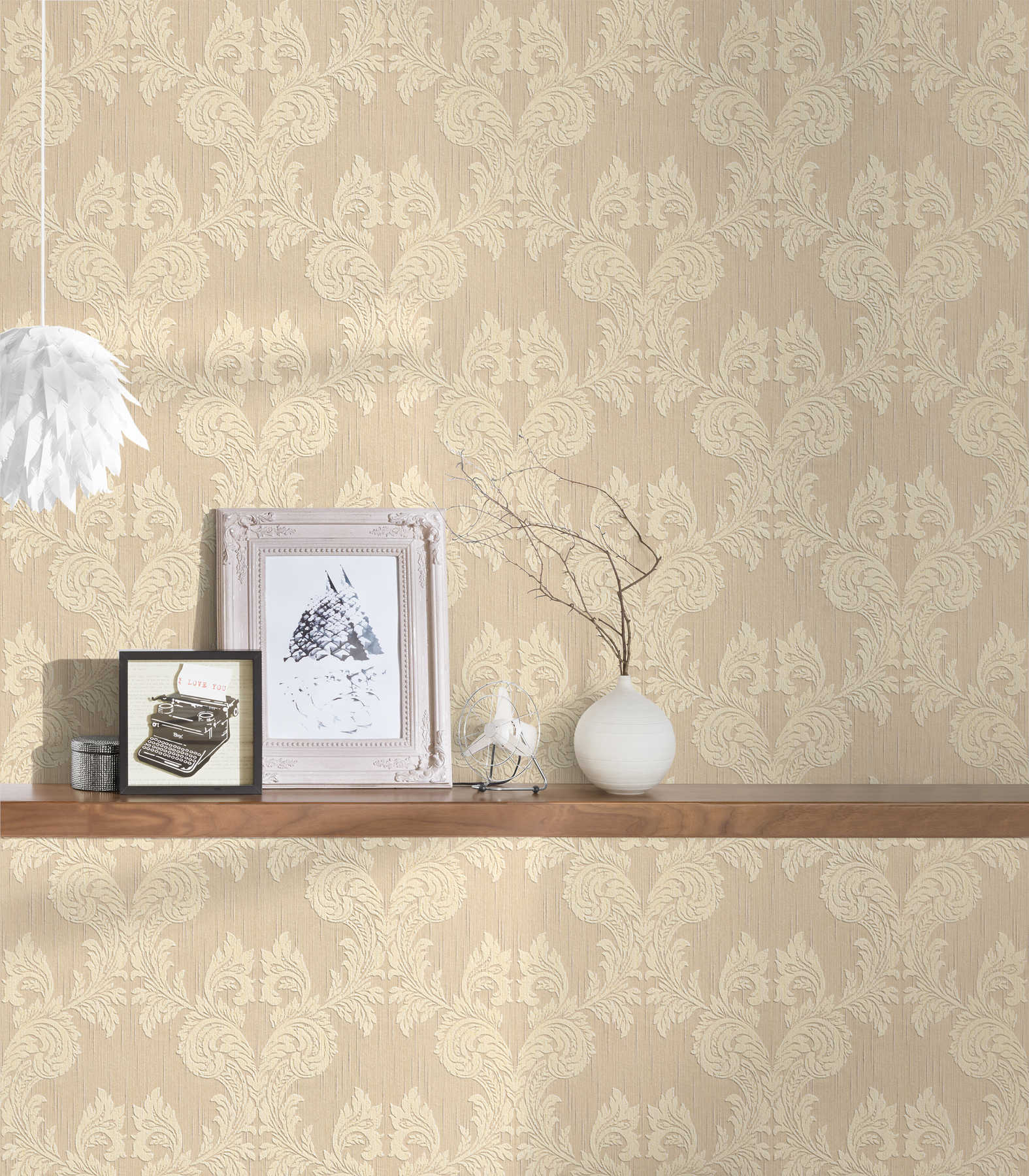             Wallpaper with textile look and ornamental pattern in classic style - beige
        