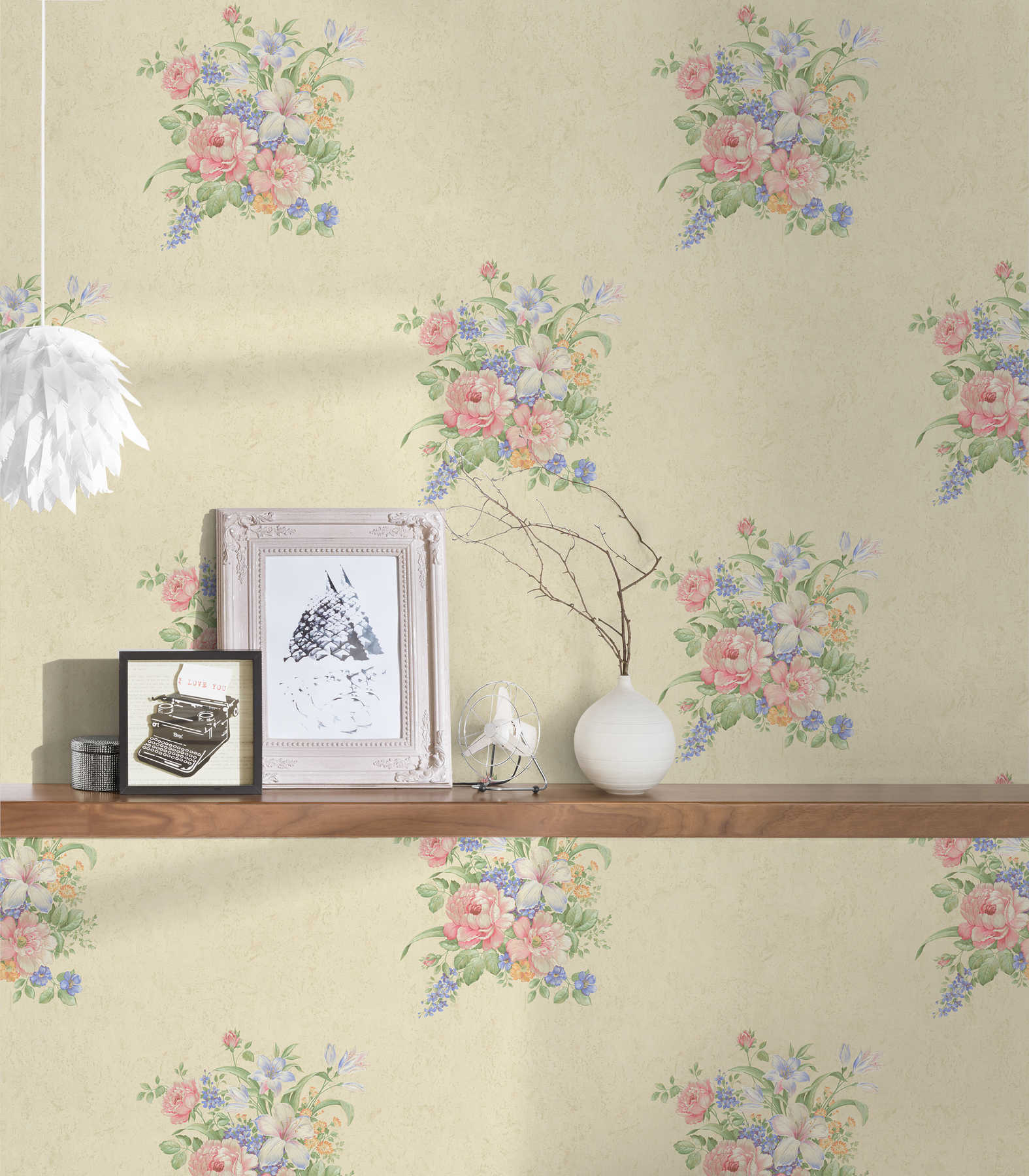             Non-woven wallpaper floral ornaments & textured pattern - cream, green, pink
        