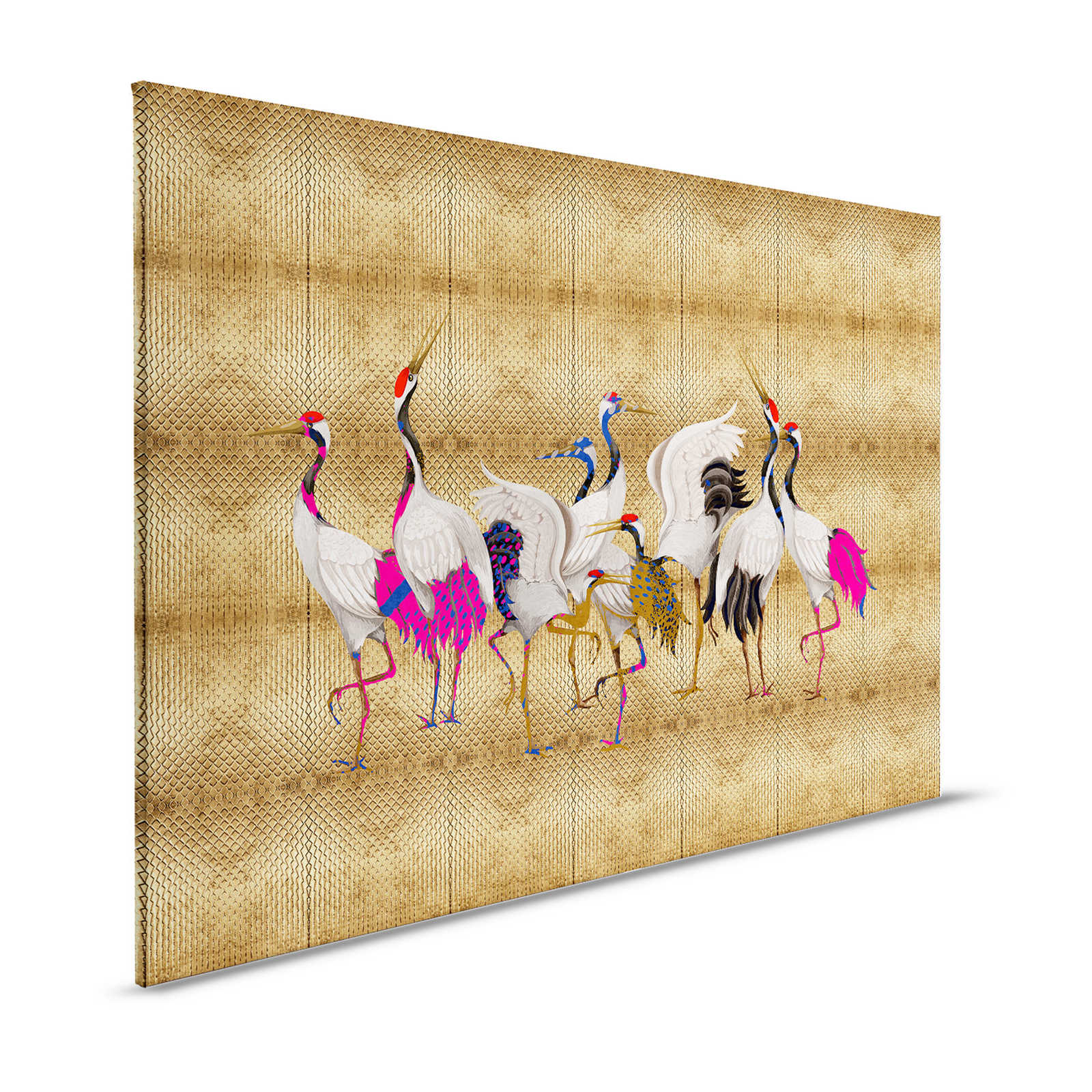 Land of Happiness 1 - Metallic Canvas Painting Gold with Colourful Crane Motif - 1.20 m x 0.80 m
