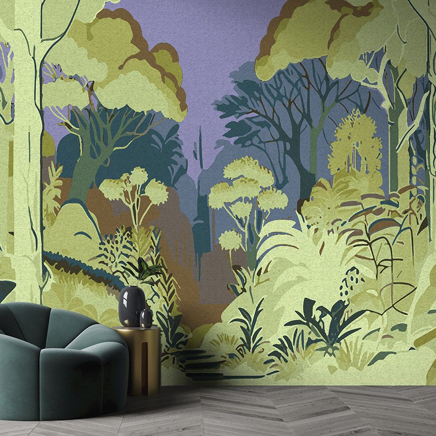 Photo wallpaper »runa« - Abstract jungle motif with kraft paper texture - Smooth, slightly pearlescent non-woven fabric
