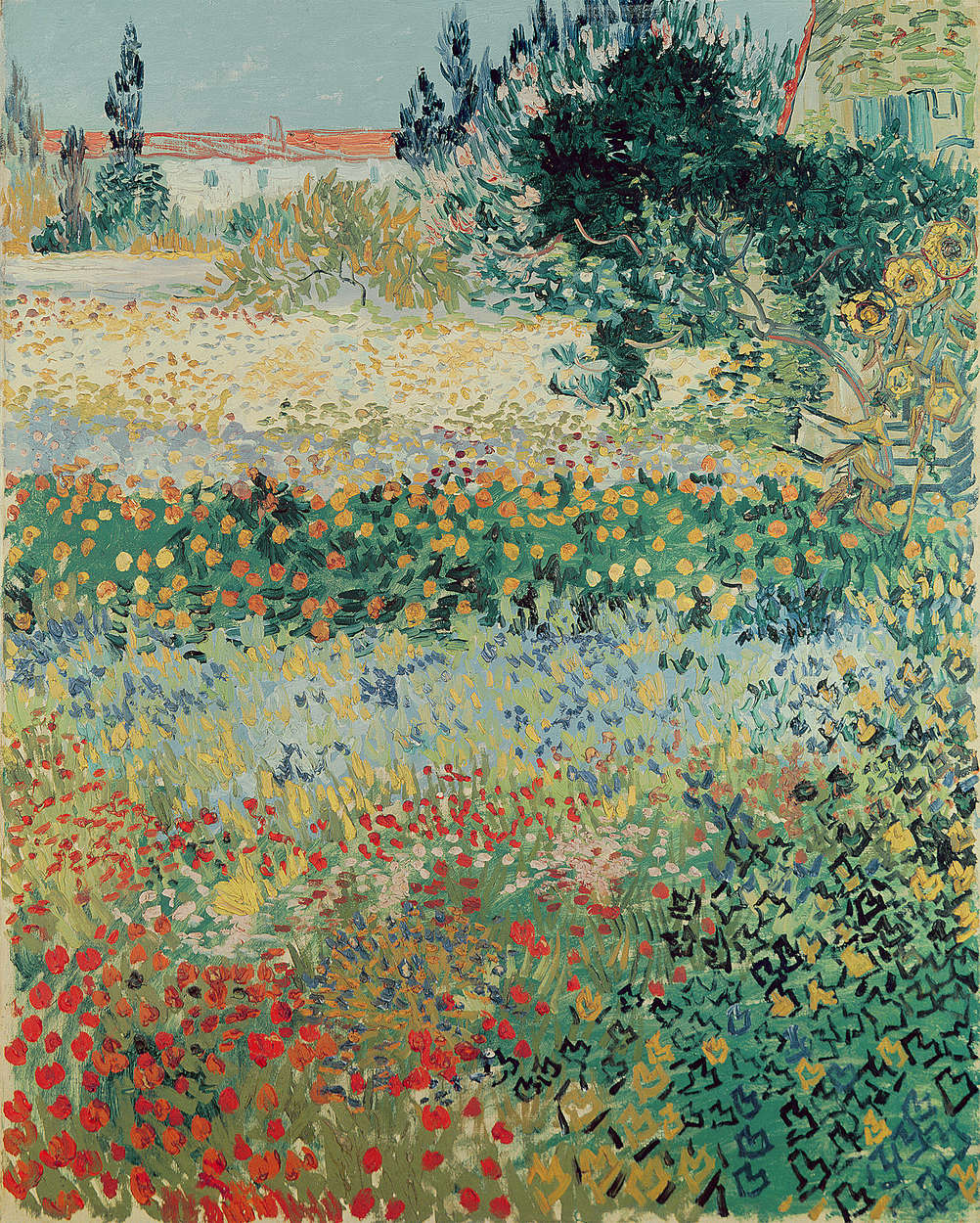             Bloeiende tuin met pad" muurschildering van Vincent van Gogh
        