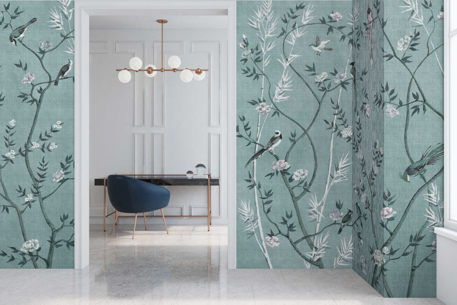             Tea Room 1 - Papier peint panoramique Oiseaux & fleurs Design en pétrole & blanc
        