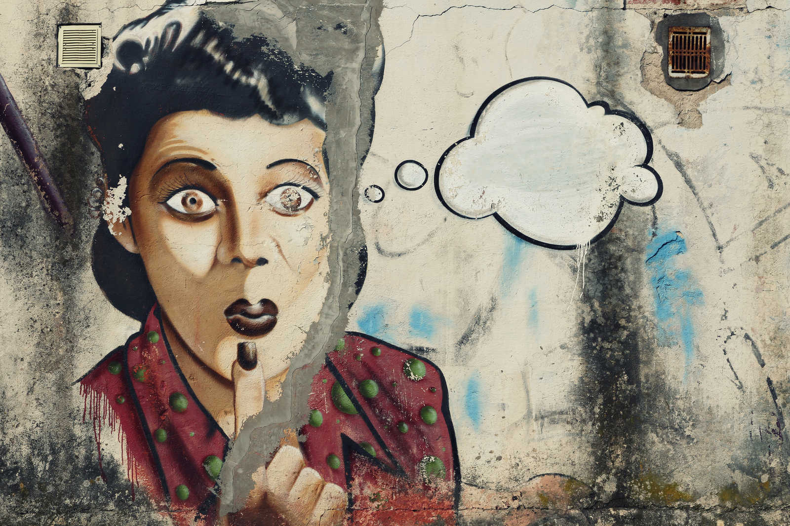             Pintura en lienzo Mujer con burbuja de pensamiento como graffiti sobre muro de piedra - 0,90 m x 0,60 m
        