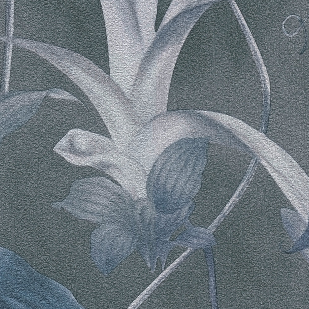             Papel pintado floral tropical gris-azul, Diseño de MICHALSKY
        