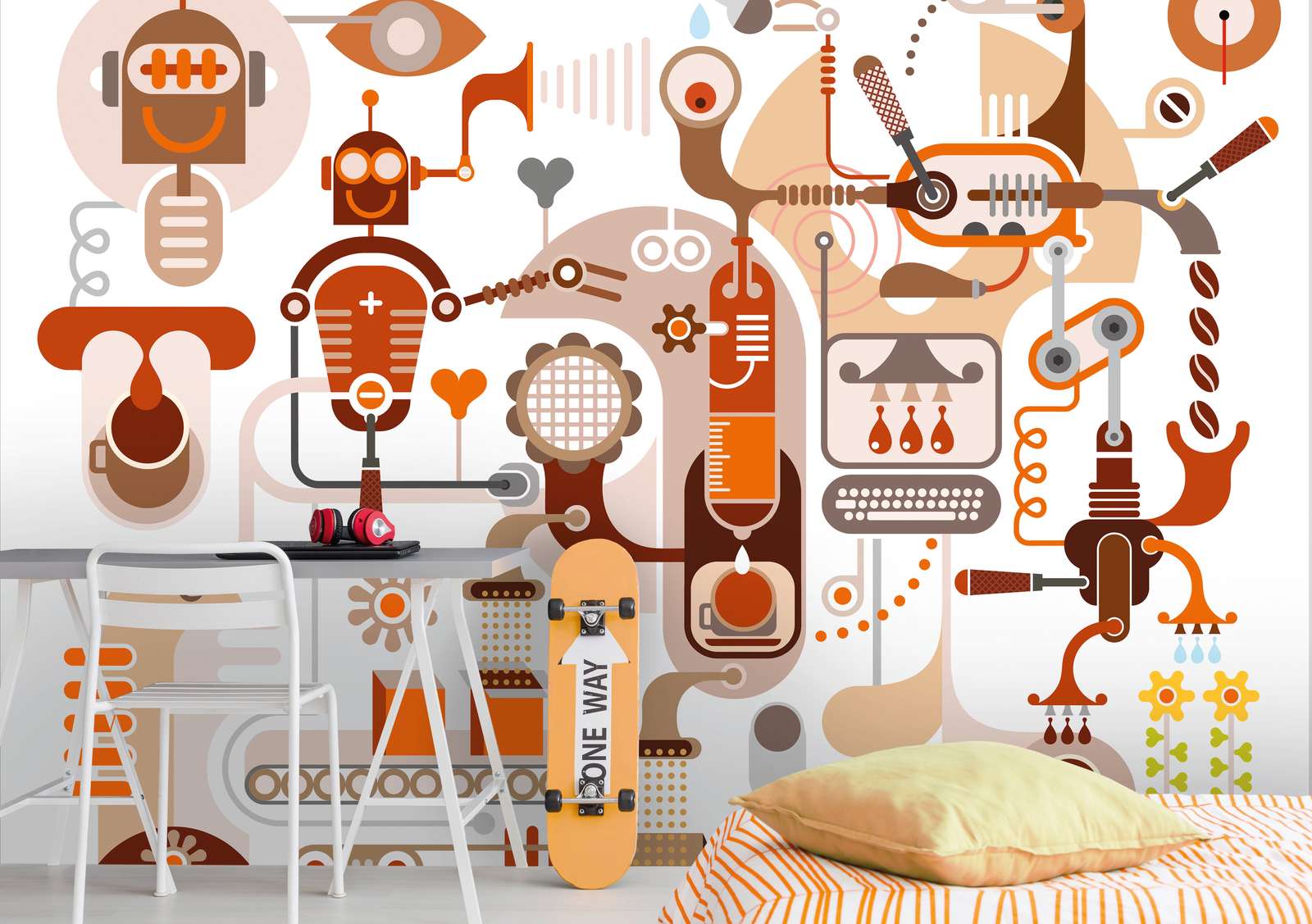             Carta da parati robot e macchine per la camera dei bambini - Marrone, arancione, bianco
        