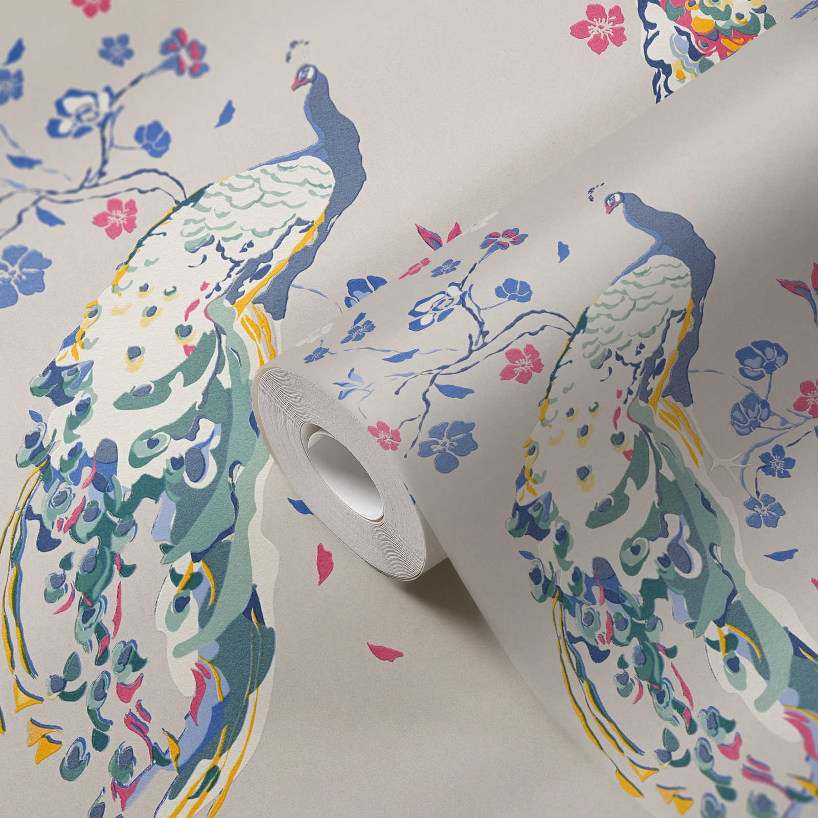             Papier peint à motifs avec motif de paon et effet brillant - beige, bleu, multicolore
        
