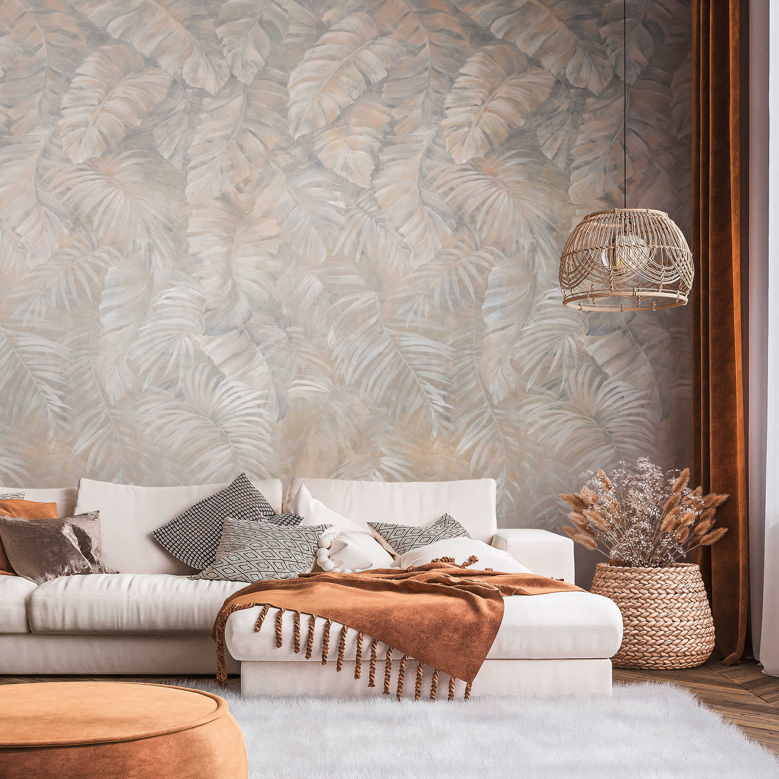 Large palm leaves wallpaper in subtle earth tones - brown, beige, cream
