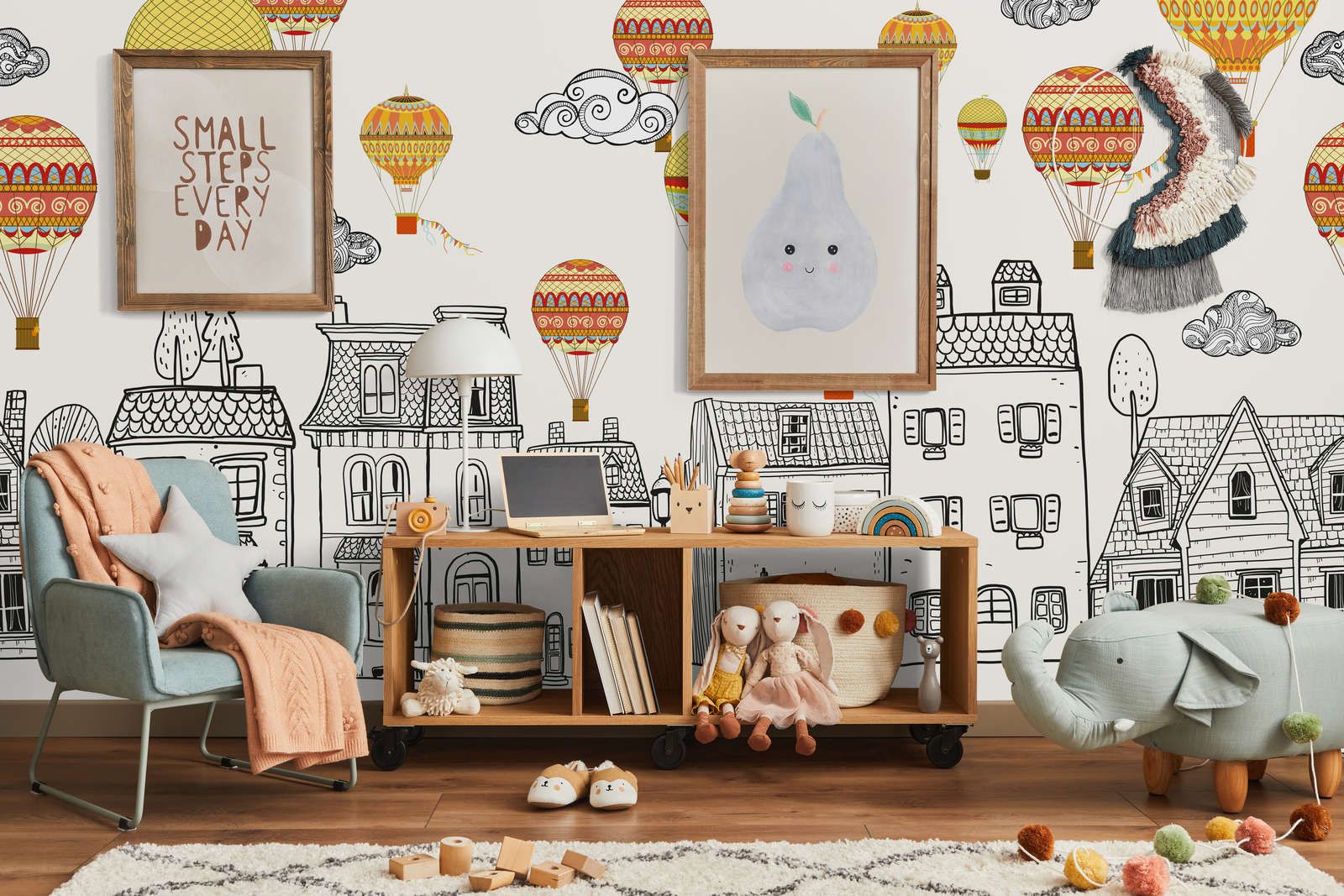             Small Town with Hot Air Balloons Wallpaper - Smooth & Pearlescent Non-woven
        