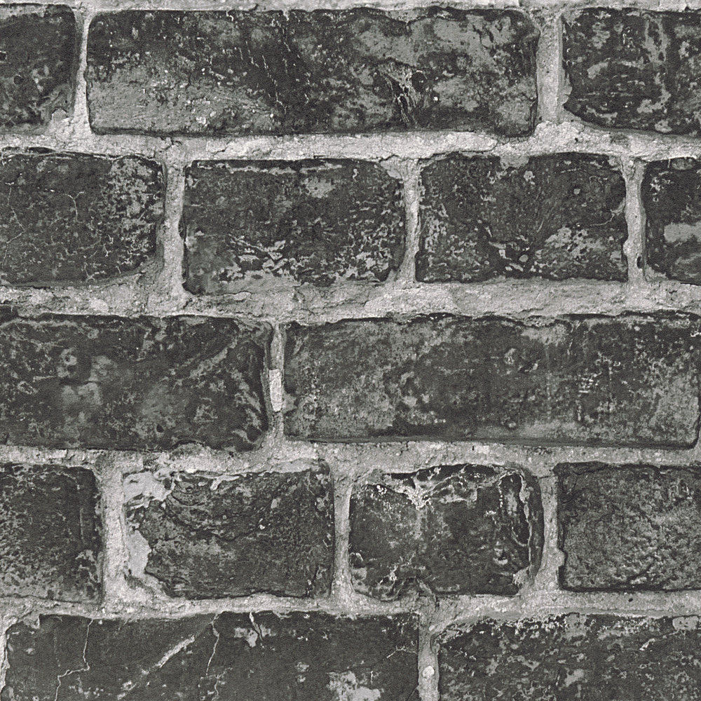             Carta da parati in pietra naturale con mattoni grigio scuro e fughe chiare - Nero, Grigio
        