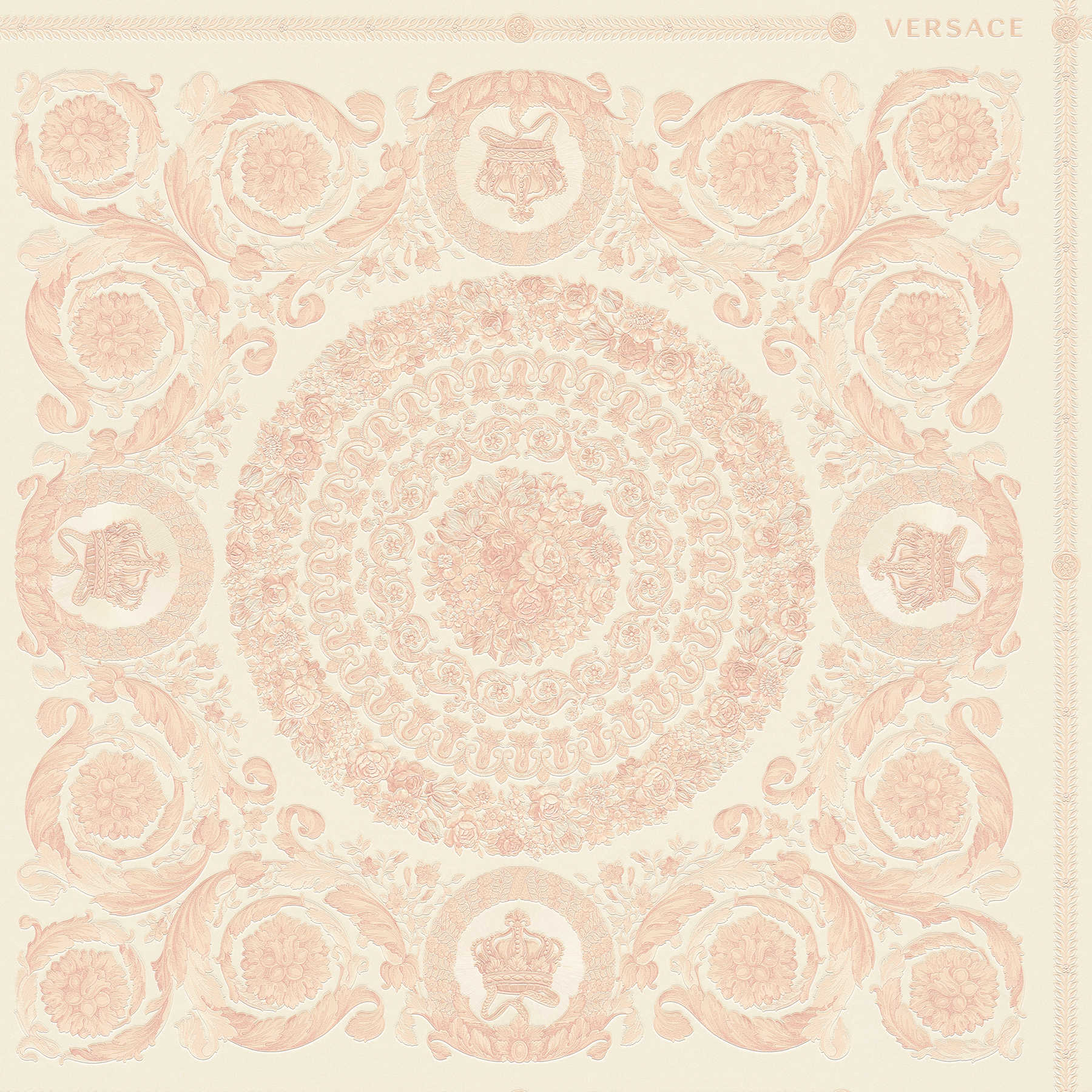 Luxury VERSACE Home wallpaper crowns & roses - pink, white
