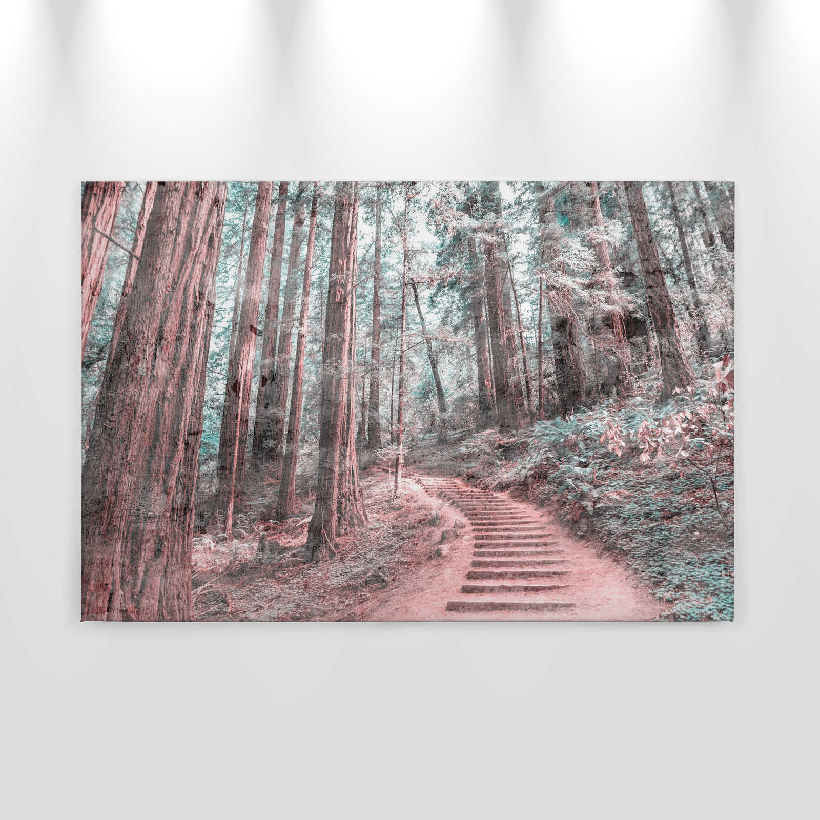             Canvas met houten trap door het bos | bruin, groen, wit - 0.90 m x 0.60 m
        