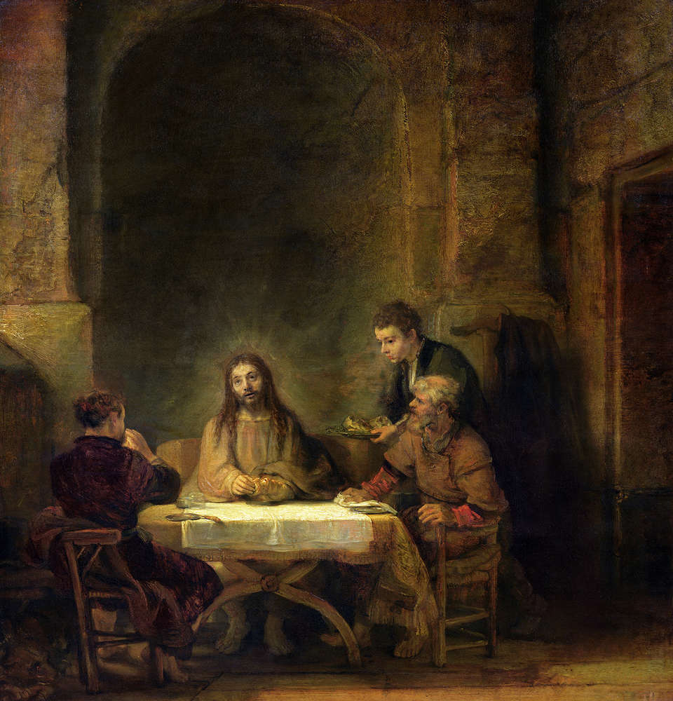             Christus in Emmaüs" muurschildering van Rembrandt van Rijn
        