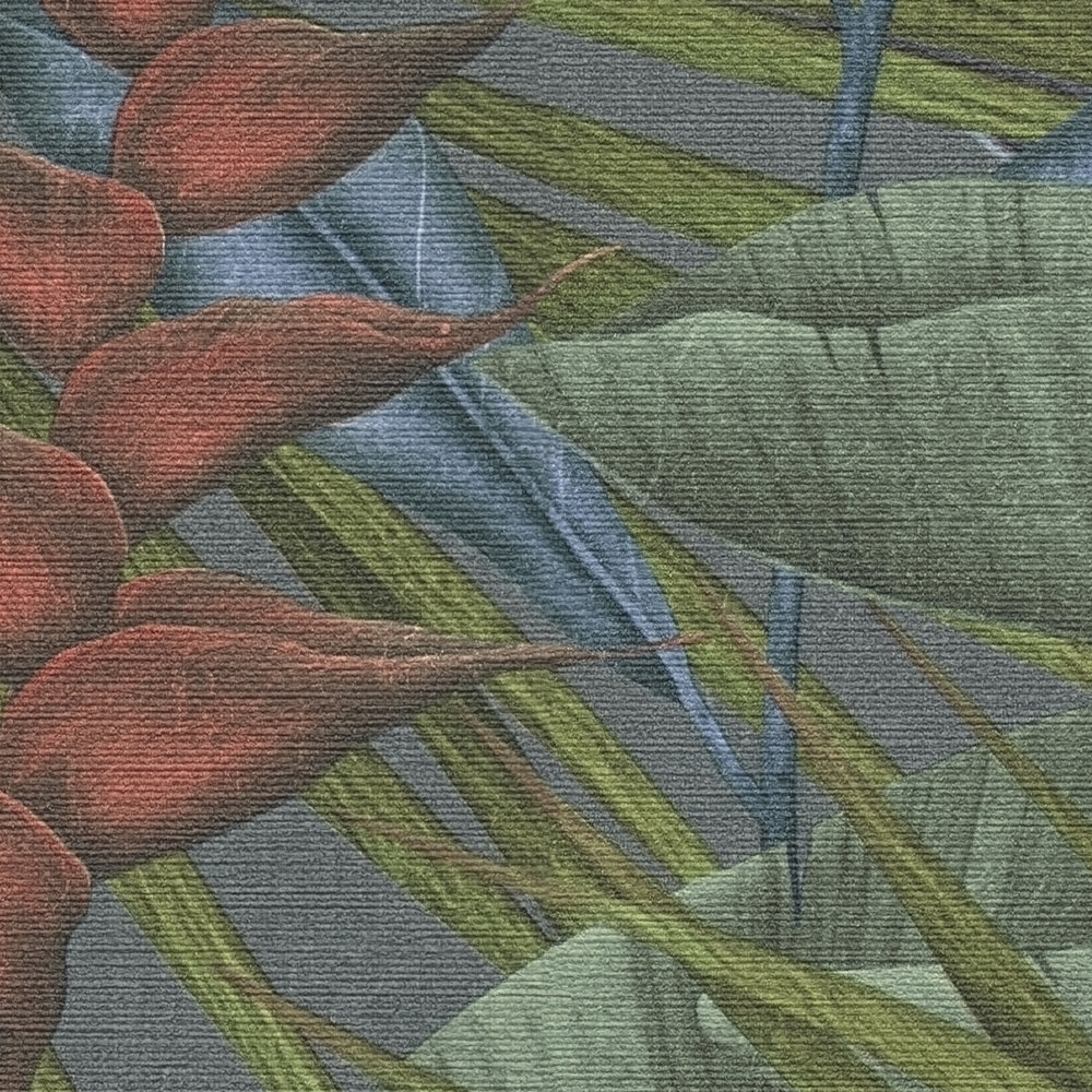             Vliesbehang met jungle bladmotief en kleurrijke accenten - grijs, groen, rood
        