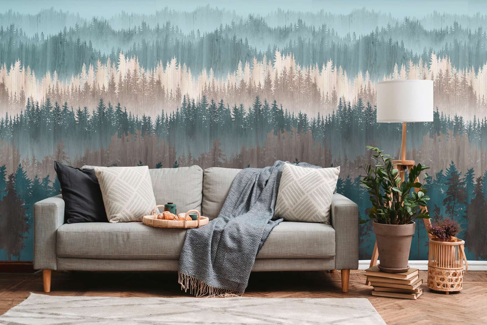             Papel pintado no tejido con motivo de bosque abstracto - azul, marrón, beige
        