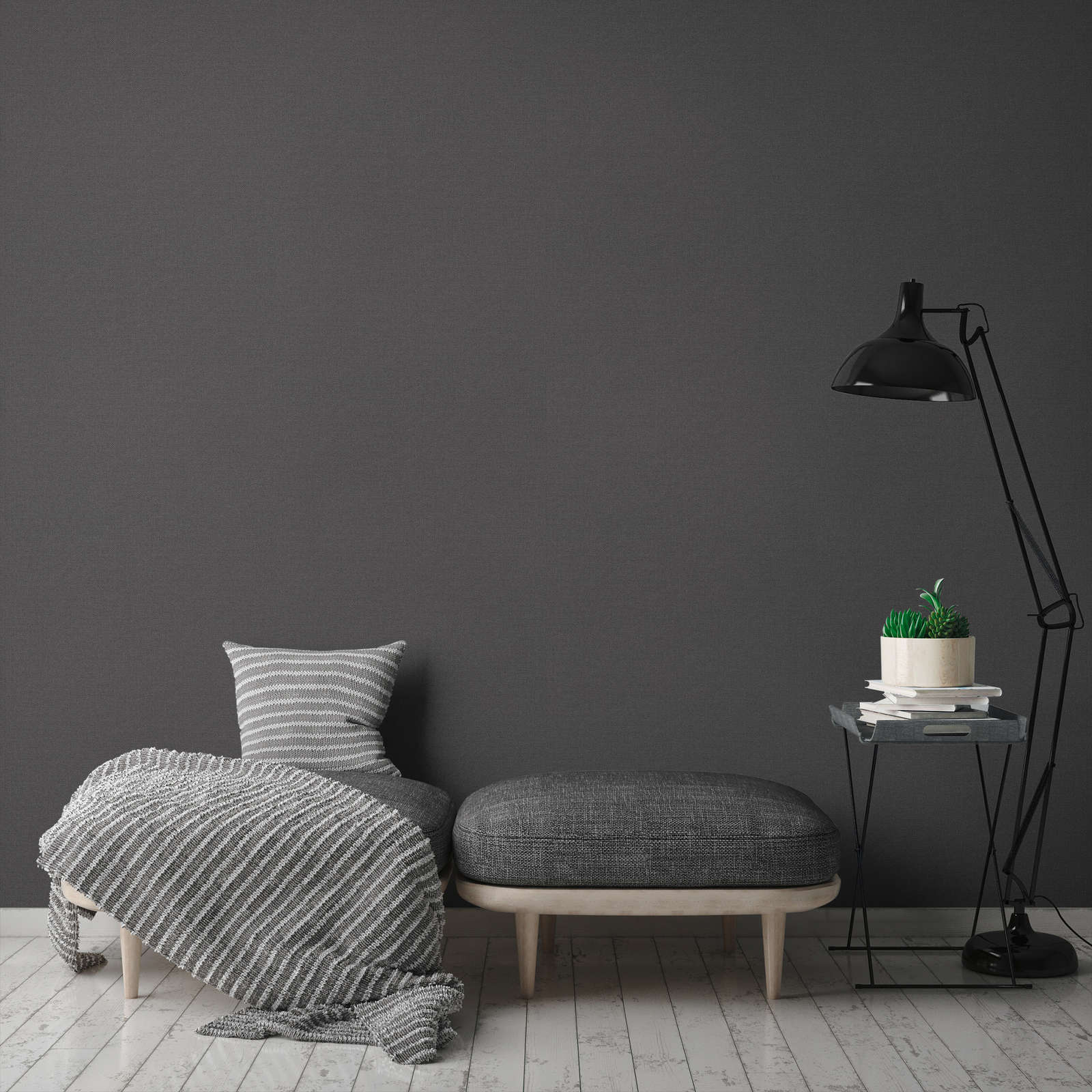             Linen look wallpaper plain with texture design - grey, black
        