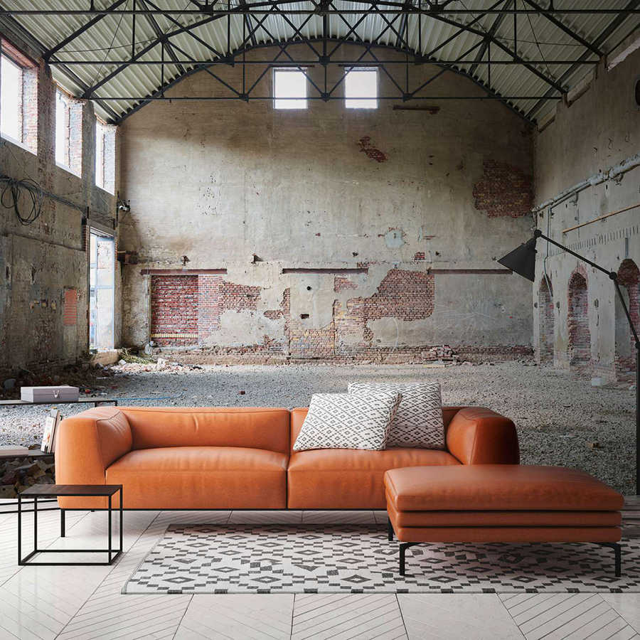 Photo wallpaper with abandoned industrial hall - Beige, Brown
