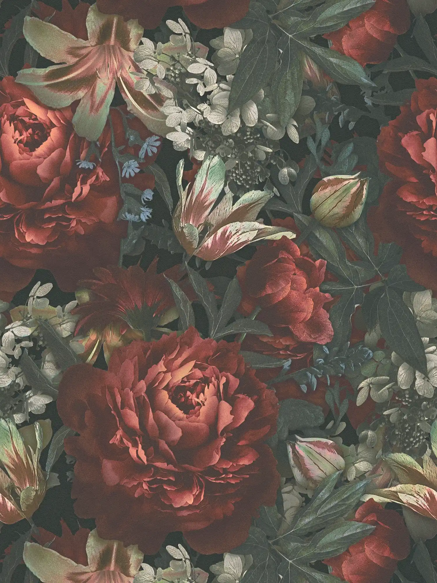 Floral wallpaper roses & tulips vintage style - green, red, cream
