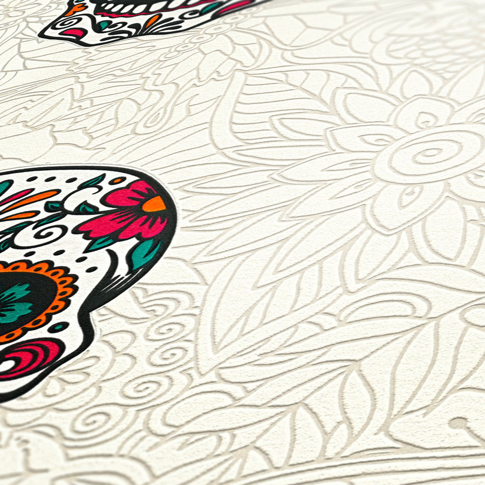             Papel pintado no tejido con diseño de calavera y flor para habitación juvenil - colorido, negro
        