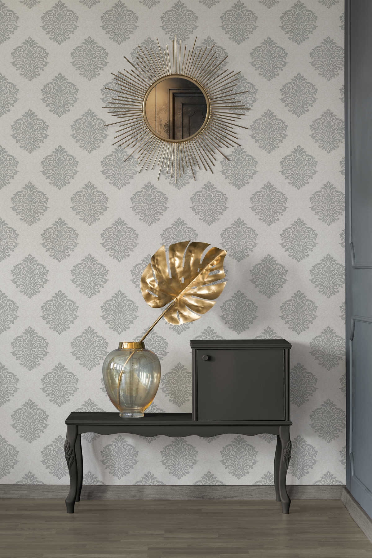             Floral ornamental wallpaper diamond pattern in ethnic style - beige, silver
        