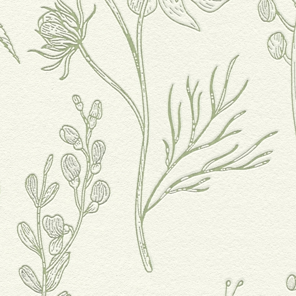             Papier peint intissé avec motif floral et accent métallique - vert, argent, blanc
        