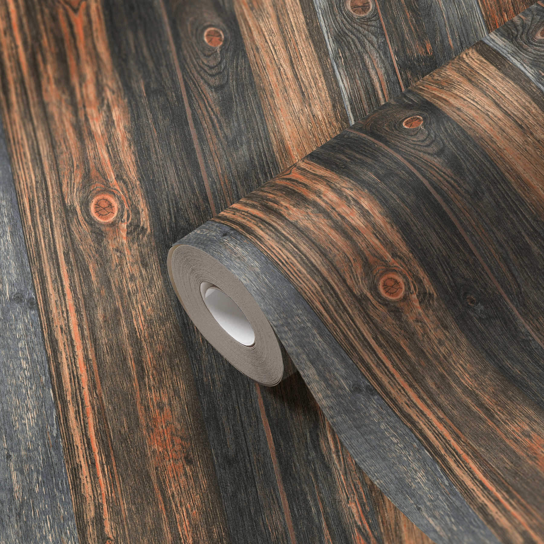             Wooden wallpaper with boards motif, wood texture & grain - brown, grey, beige
        