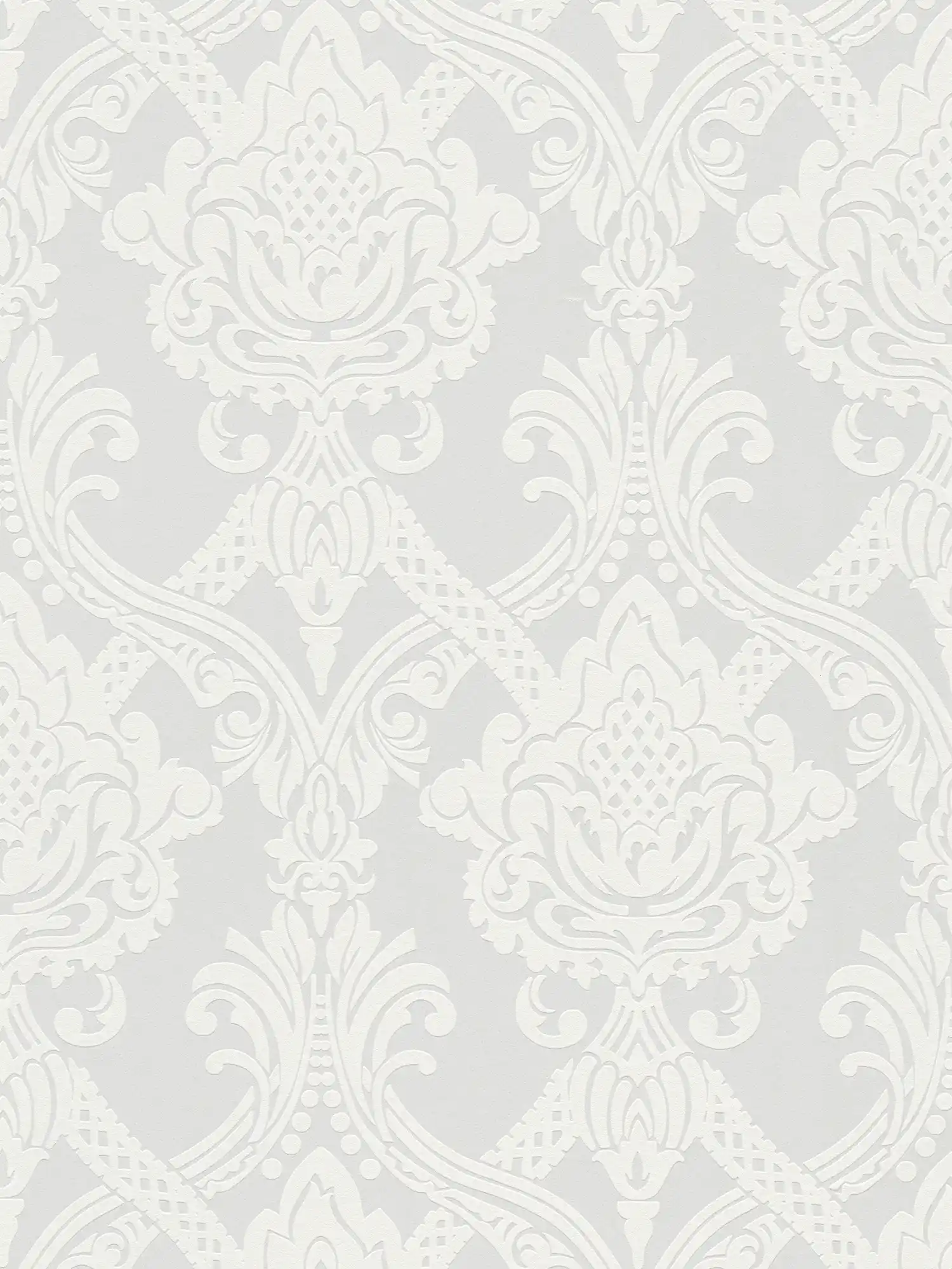 Papel pintado blanco de diseño barroco con efecto metálico
