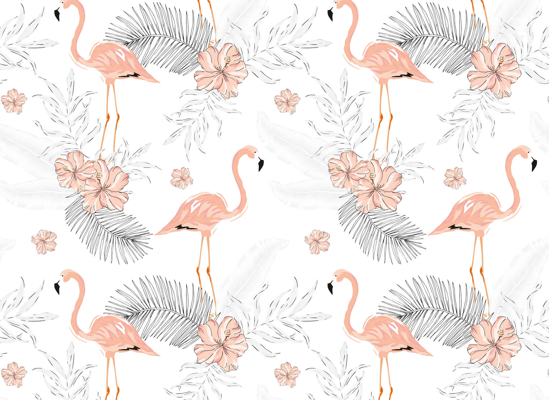             Flamingo's & Tropische Planten Behang - Wit, Roze, Grijs
        