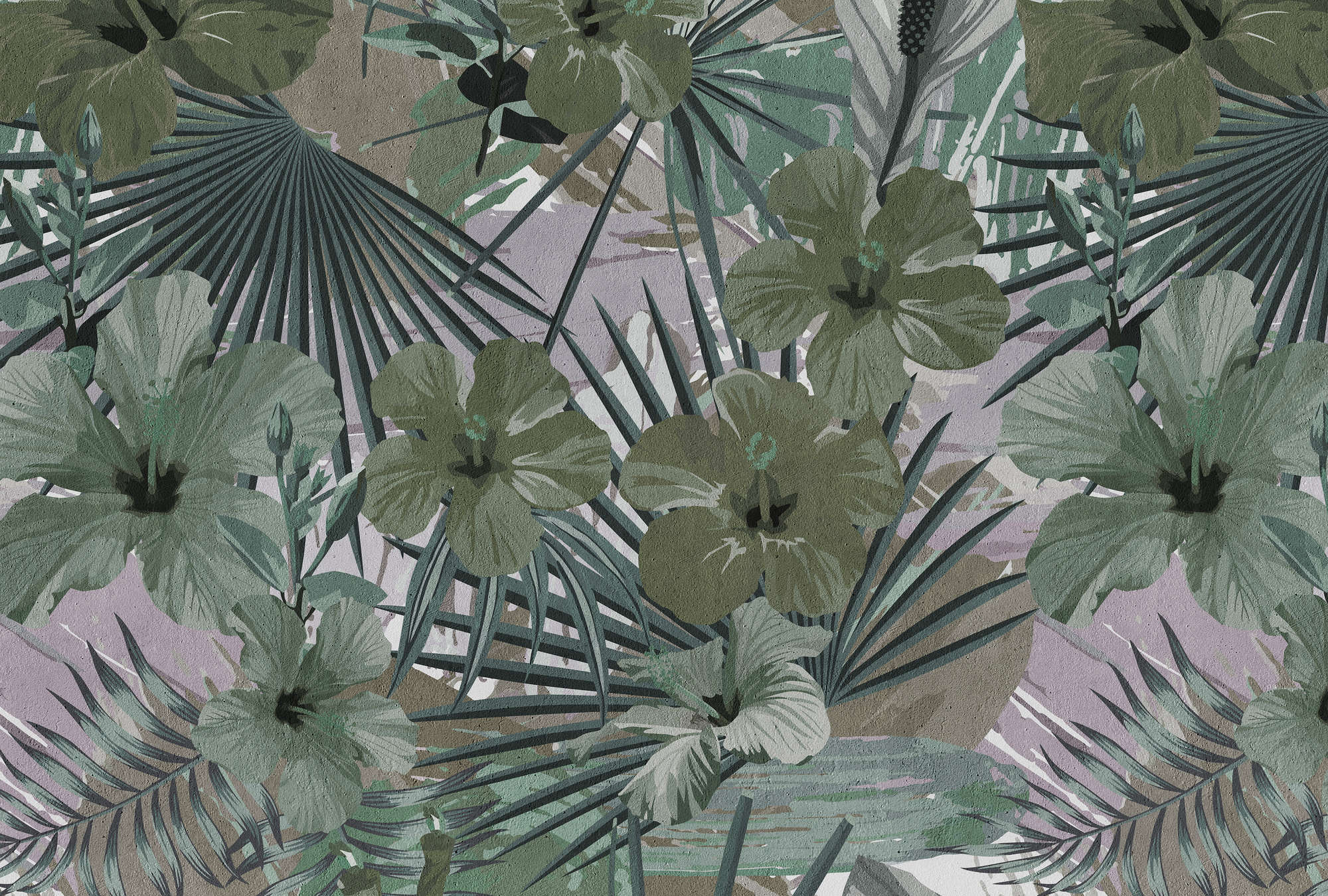             Papel pintado de palmeras y flores de la selva - Verde, Gris
        