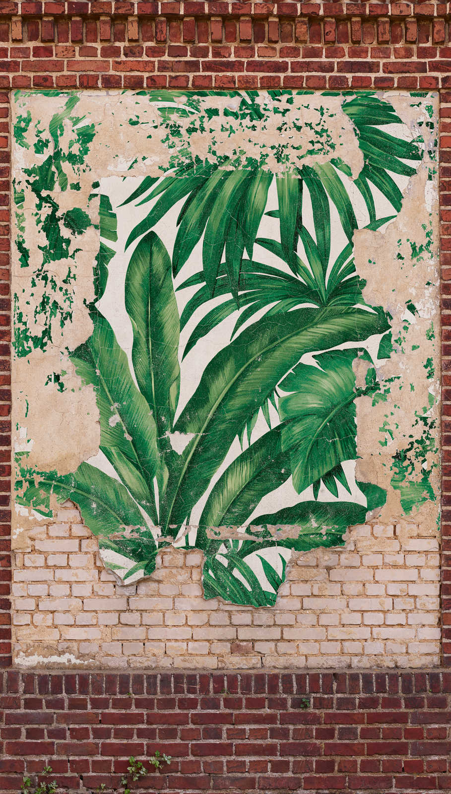             Papel pintado de hojas de palmera sobre pared con aspecto de ladrillo - Marrón, Beige, Rojo
        