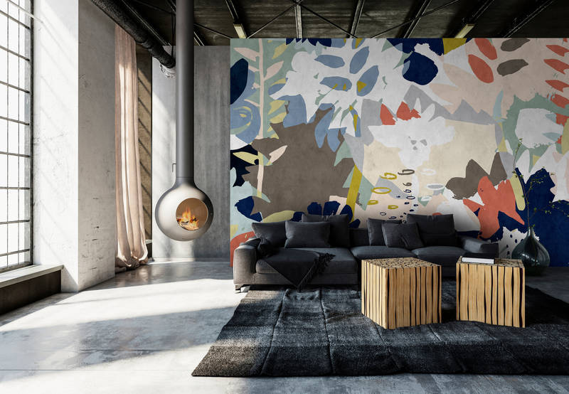             Floral Collage 4 - Digital behang met kleurrijk bladmotief - vloeipapierstructuur - Blauw, Bruin | Strukturenvlieseline
        
