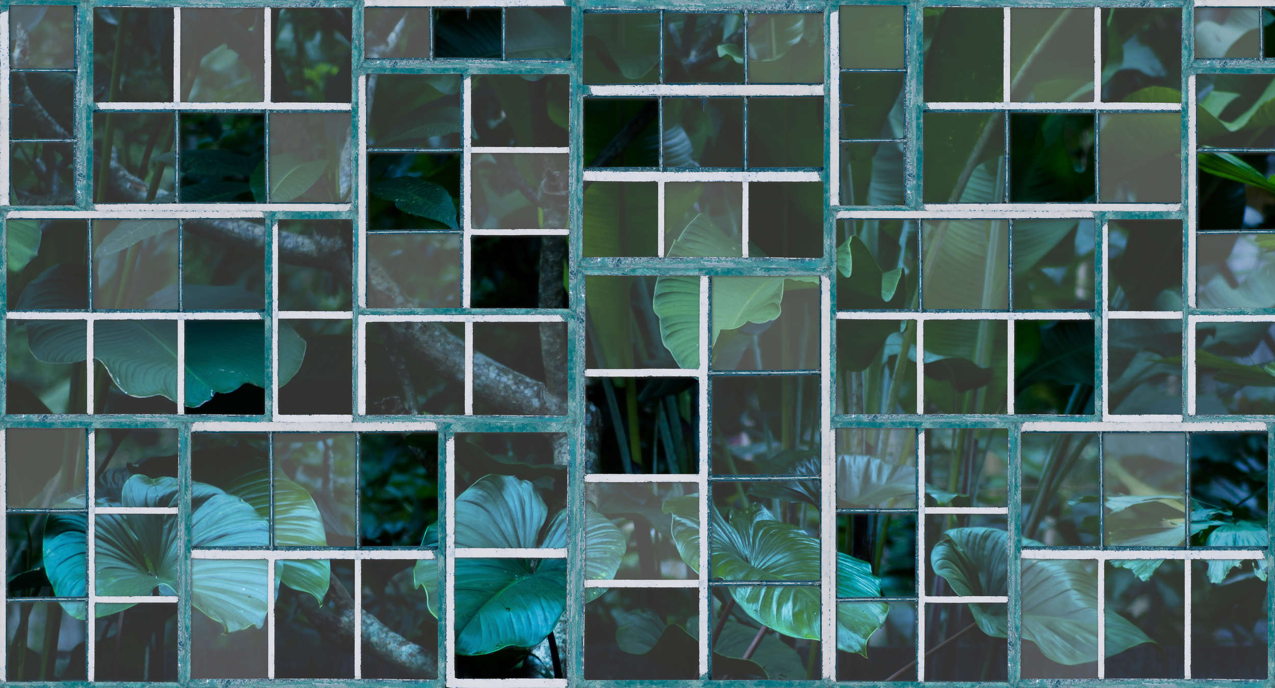             Papier peint panoramique Fenêtre rétro avec vue sur la forêt - bleu, vert, blanc
        