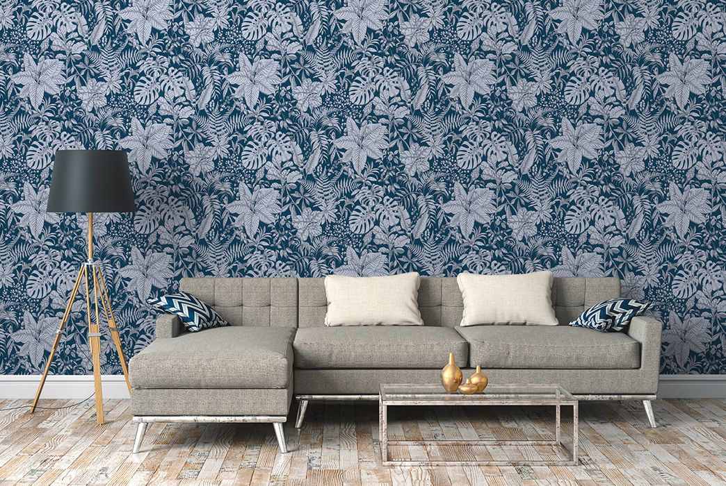 Blue pattern wallpaper in the living room with grey leaf design AS375206