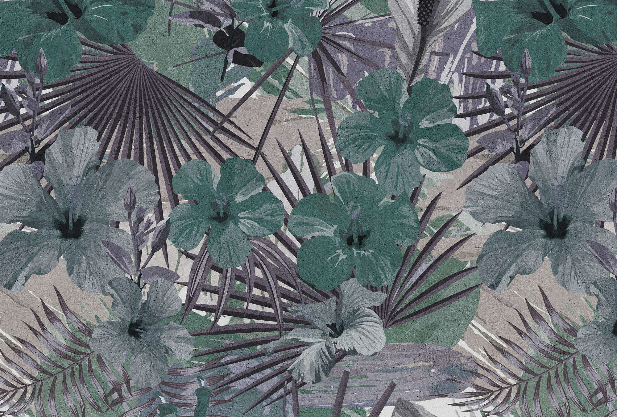             Papier peint jungle palmiers et fleurs - vert, violet
        