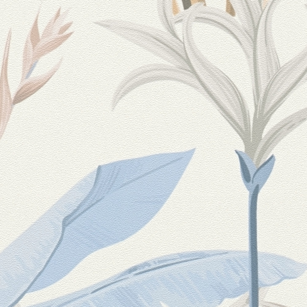             Papel pintado no tejido con detalles florales y estampado de hojas - Azul, Gris, Crema
        