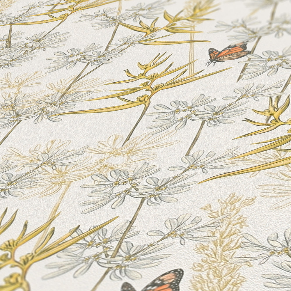             Floral style wallpaper with grasses & butterflies textured matt - white, yellow, grey
        